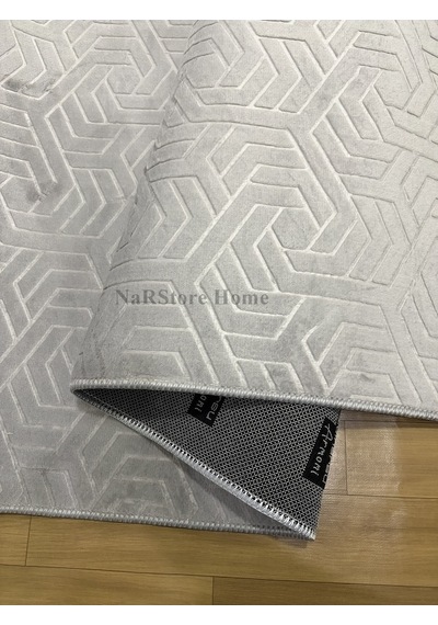 Dinar Armoni Kaymaz Tabanlı Kesme Kabartmalı Yıkanabilir Salon Koridor Mutfak Hali Gri