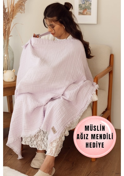 Zeypba 4 Katlı Müslin Emzirme Örtüsü & Müslin Puset Örtüsü Müslin Örtü Püsküllü Lila