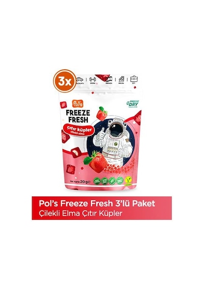 Pol S Freeze Fresh Çıtır Küp Çilekli Elma 20 G X 3 Adet Freeze Dry Dondurularak Kurutulmuş Meyve 20 G