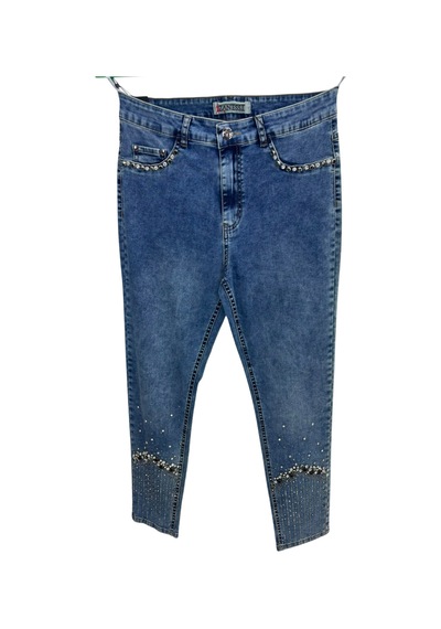Büyük Beden Taşlı Denim Kadın Pantolon Mavi
