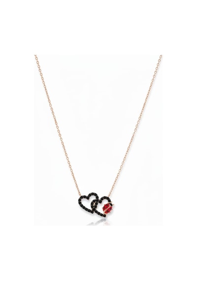 925 Ayar Papatya Silver Siyah Taşlı Çift Kalp Uğur Böceği Kolye.rose.gold.rodaj Gümüş