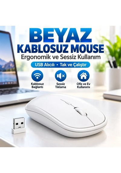 Ers Beyaz Renkli Ergonomik Sessiz Kablosuz Mouse Usb Alıcılı, Ofis Ve Oyun İçin Konforlu Bilgisayar Faresi Ms6310