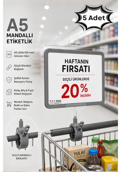 5 Adet - A5 Mandallı Etiketlik Fiyatlık Sepet Raf Askılık Fiyat Etiketi Çerçeveli Market Mağaza Gri