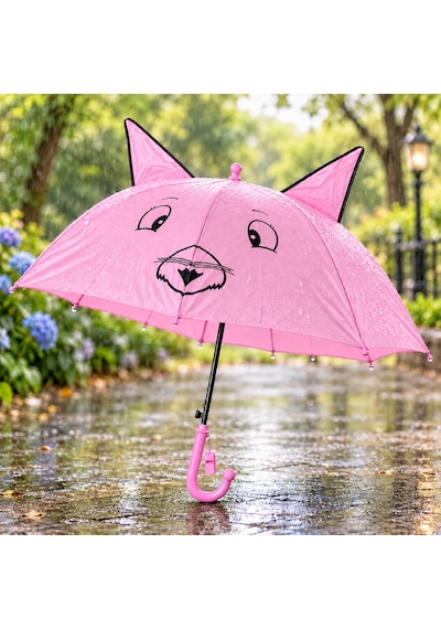 Mubx Kedi Kulaklı Çocuk Şemsiyesi 76 Cm Çap Sevimli Figürlü Düdüklü Yağmur Şemsiyesi Açık Pembe