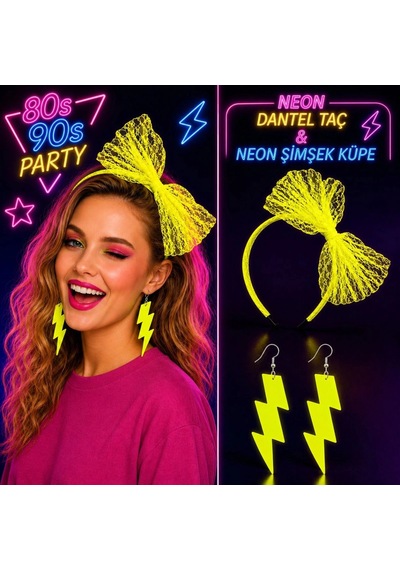 Neon Sarı Dantel Taç Ve Şimşek Küpe 8039ler 9039lar Parti Seti +3
