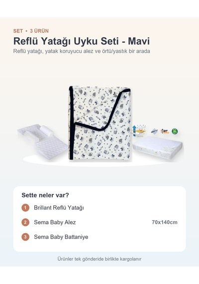 Reflü Yatağı Uyku Seti 3 Parça: Brillant Reflü Yatağı + Sema Baby Alez + Sema Baby Battaniye - Mavi