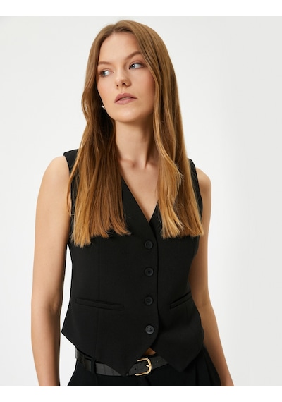 Koton Blazer Yelek V Yaka Düğmeli Fleto Cepli Siyah 4sak30042ek Siyah