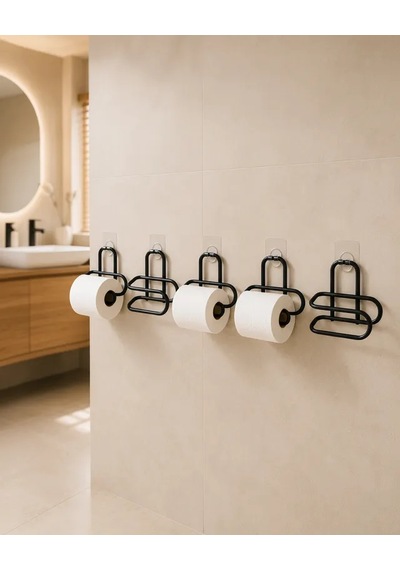 Astraltech 5 Adet Duvara Yapışkanlı Siyah Metal Wc Kağıtlık Tutucu