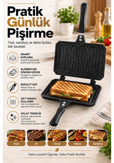 Kochler Çift Taraflı Tost Tavası Granit Kaplama, Alüminyum Döküm Pişirme Tavası Siyah