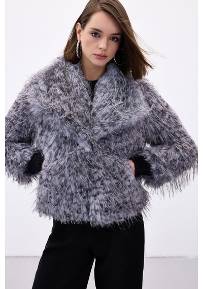 Sateen Leopar Desenli Kürk - Gri-136711 Gri