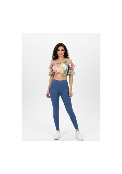 Polologin Butik Kadın Çok Renkli Ekose Desenli, Volanlı Crop Bluz Turuncu