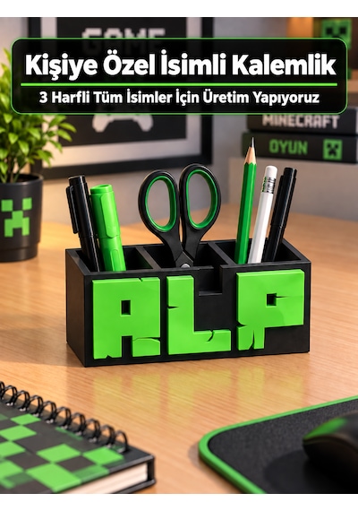 Miinecraft Temalı İsimli Kalemlik Kişiye Özel İsme Özel Üretim, Çok Gözlü Kalemlik 3 Harfli İsim Tasarımı