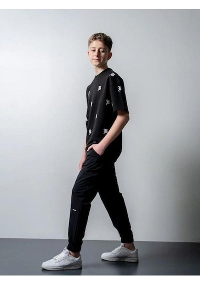 Zekids Erkek Çocuk Harf Baskılı Oversize Tshirt-15546 SIYAH