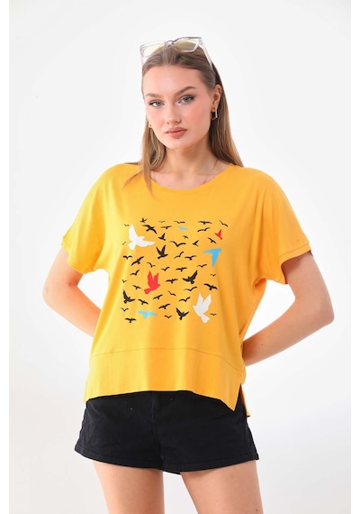 Sistas Kadın Desenli Kısa Kol Bluz 23141 Sarı