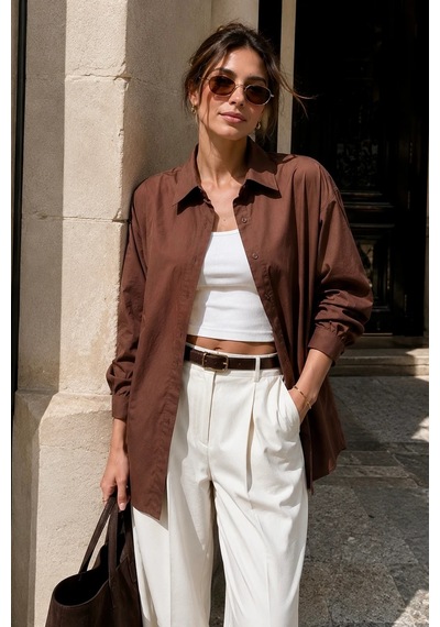 Bb Butik Basic Kadın Oversize Poplin Gömlek Uzun Kollu Basic Gömlek Tr0735 kahverengi