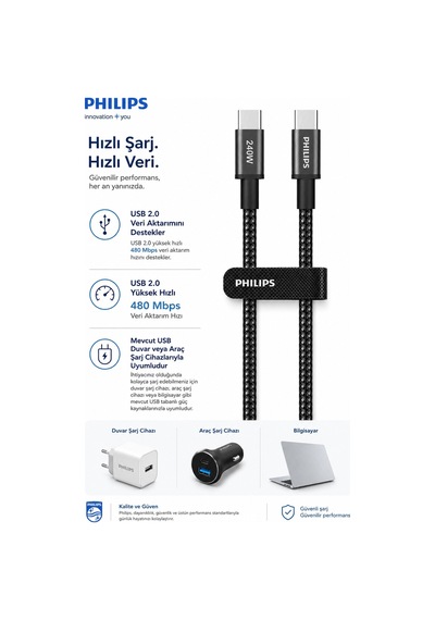 Philips DLC7060C/00 USB-C to USB-C Şarj ve Veri Kablosu 2 m, 240W PD 3.1, 5A, Örgülü, USB 2.0