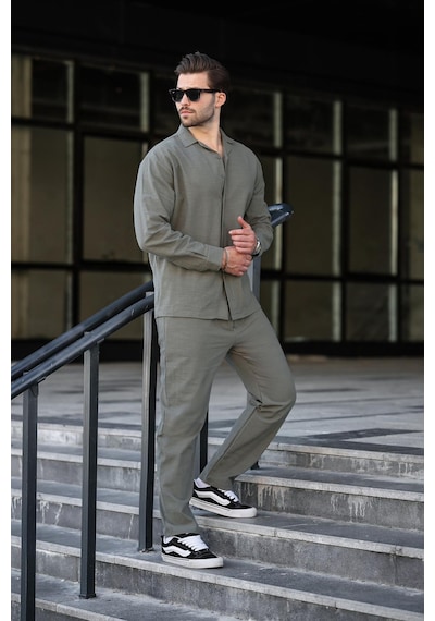Madmext Haki Rahat Kesim Erkek Keten Gömlek Pantolon Takım E7327 Haki