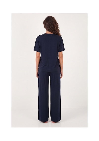 Lela Yumuşak Dokulu Bisiklet Yaka Lastikli Bel Kısa Kollu Pijama Takımı Bayan Pijama Takımı 65720102 Lacivert