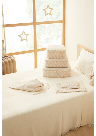 Ocean Home Textile 6'lı Yıkanabilir Bej Dama Desen Pamuklu Bavul İçi Düzenleyici Set Bej