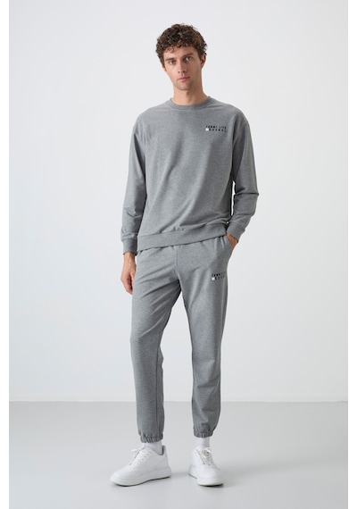 Tommy Life Gri Melanj Casual O Yaka Lastik Paça Pamuklu Erkek Oversize Eşofman Takımı - 85120 GRİ MELANJ