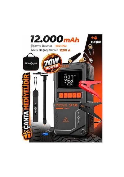 Şarjlı Akü Takviye Cihazı Pompa Powerbank El Feneri Oto Kompresör 12000mah Anahtarlık-çanta