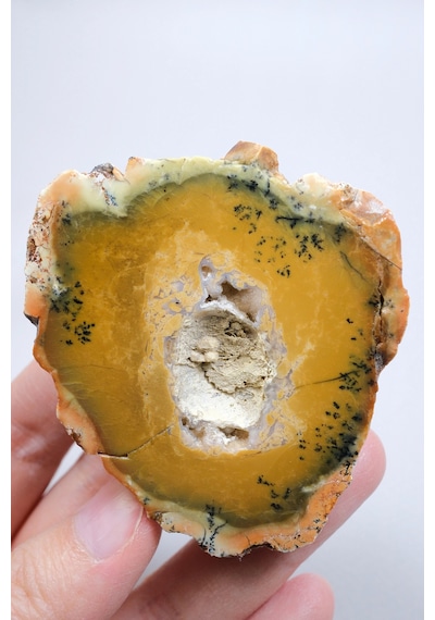 Sarı Merlinit Jeot Hardal Ve Zeytin Dendritik Opal İle Orta Kısmında Druzy Boşluk, 117g