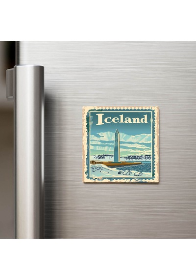 İzlanda Iceland - Posta Pulu Temalı Ülke - Baskılı Buzdolap Magneti Kare - 9x9 Cm