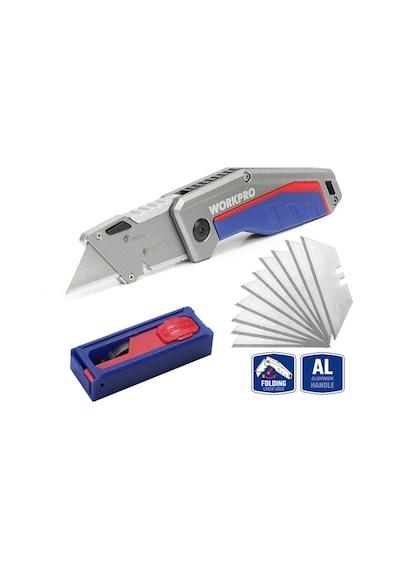 Workpro Wp211012 Ağır Hizmet Alüminyum Gövde Katlanır Rötuş Maket Bıçağı + 10 Adet Yedek Bıçak