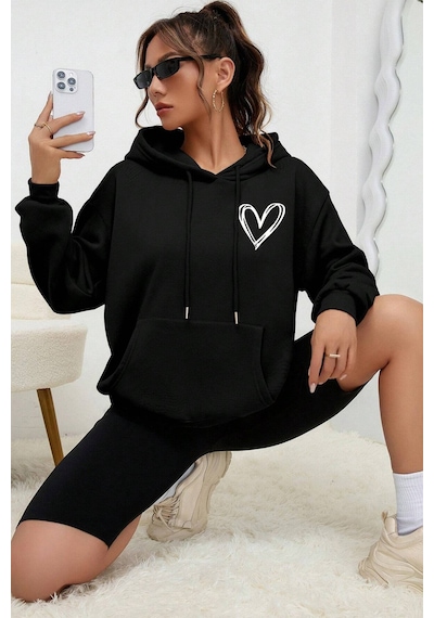 Unisex Heart Baskılı Oversize Sweatshirt Siyah