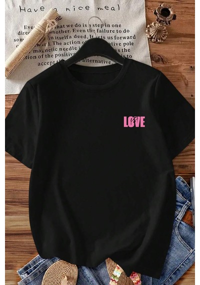 Spoyi Aşk Zarları Tasarımlı %100 Pamuk Yarım Oversize Siyah T-shirt