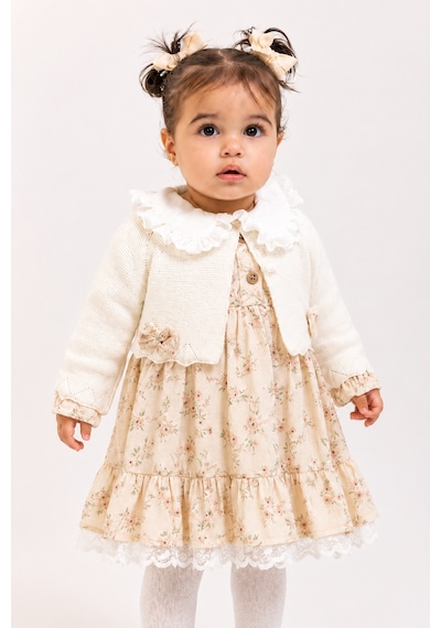 Babyhola Kız Bebek Çiçekli Elbise Triko Hırka 2 Li Takım 3027 Ekru