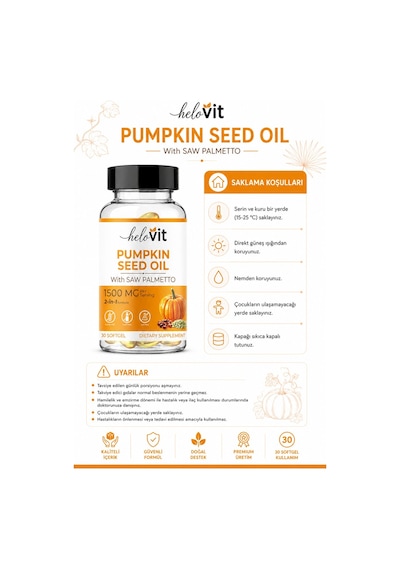 Helovit Pumpkin Seed Oil Softjel 1500 Mg & Saw Palmetto İçeren 2-in-1 Erkek Sağlığı Ve Doğal Destek 30 Softjel