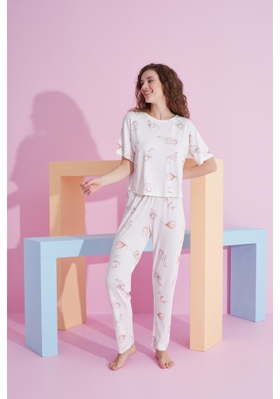 Siyah İnci Likralı Örme Pijama Takım 7800 Beyaz Kalp