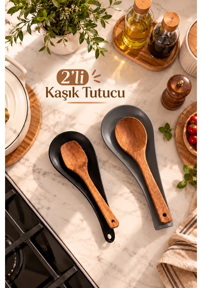 Porsima Sc-4017 Siyah Antrasit Wow 2'li Kaşık Tutucu Ve Kepçe Altlığı