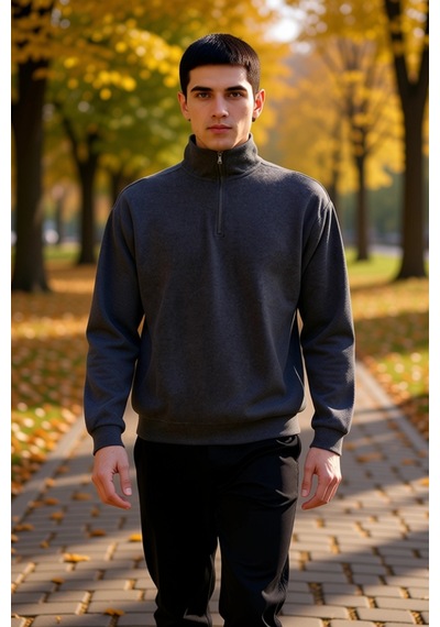 Benerly Erkek Dik Yaka Standart Kol Selanik Oversize Kalıp Sweatshirt Fon Antrasit