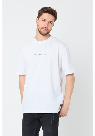 Comeor Erkek Beyaz Baskılı Basic Oversize Bisiklet Yaka Kısa Koll Beyaz