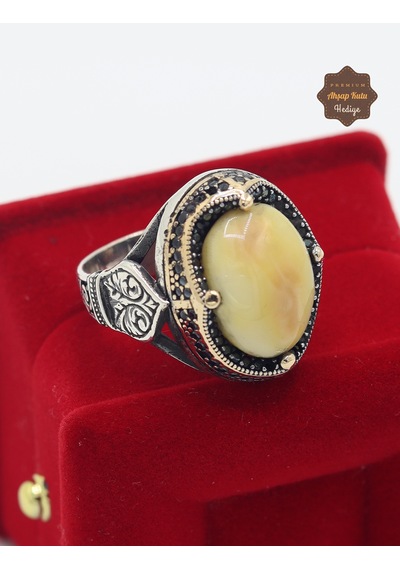 Mikro Zirkon Tac Motifli Damla Kehribar Taşlı Erkek Gümüş Yüzük 201025432