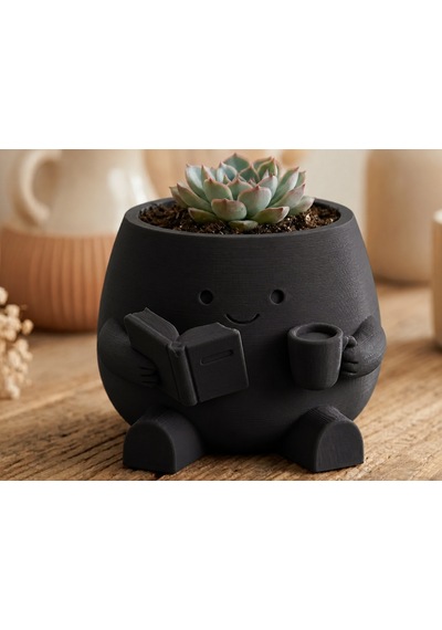 3d Baskı Kitap Okuyan Saksı - Kupa Tutan Sevimli Saksı-siyah Belirtilmemis