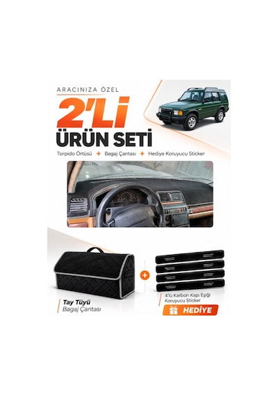 Land Rover Discovery 1 1989-2000 Uyumlu Torpido Örtüsü + Tay Tüyü Bagaj Çantası Seti - Siyah Gri