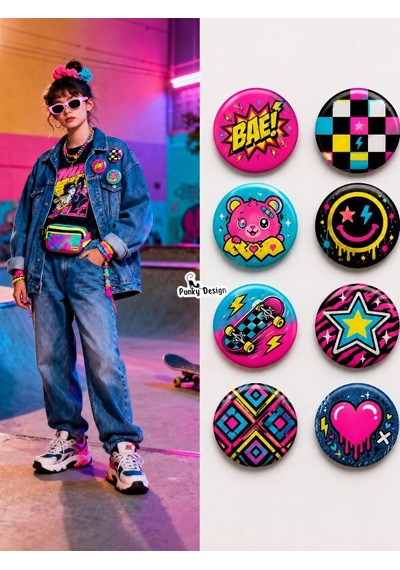 8 Li Set-11 Neon Pop Art Rozet Seti Renkli Skate Kawaii Y2k Desenli Broş Pin Çok Renkli