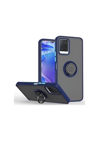 Vivo V21e Uyumlu Kılıf Yüzüklü Standlı Extra Darbe Koruma Sert Silikon Kapak - Lacivert Lacivert