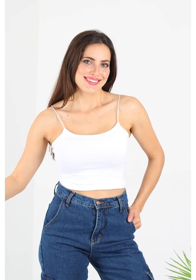 Lastik Askılı Crop Ekru