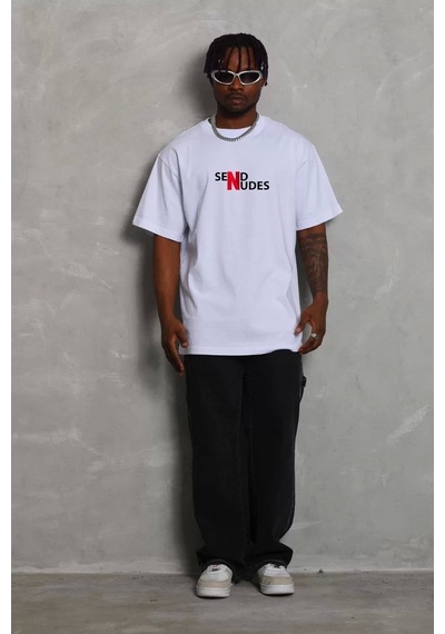 Unisex Bisiklet Yaka Double Oversize Baskılı T-shirt - Beyaz