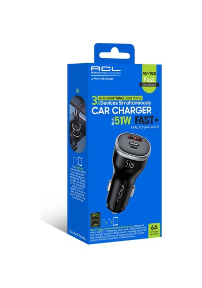 Ac-105 51w Süper Hızlı Araç Şarj Cihazı Dahili Lightning Kablolu + Pd 30w Usb-c Ve Qc 18w Usb-a