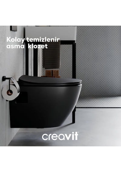 Creavit Free Mat Siyah Kanallı Asma Klozet Fe320, Creavit Duck Duroplast Yavaş Kapak Mat Siyah