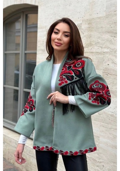Femelle Yeşil Püsküllü Nakış İşlemeli Ceket