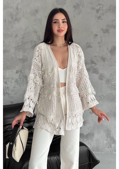 Noa & Noa Kadın Desenli Açık Örgü Hırka Romantik & Modern Stil Ekru