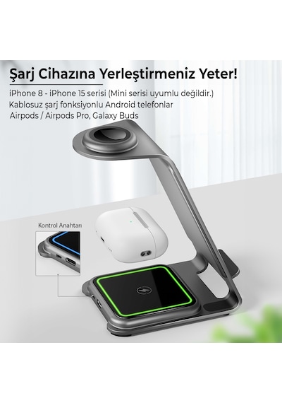Bix BXMW3 15W 3in1 Ultra İnce Manyetik Kablosuz Şarj Standı