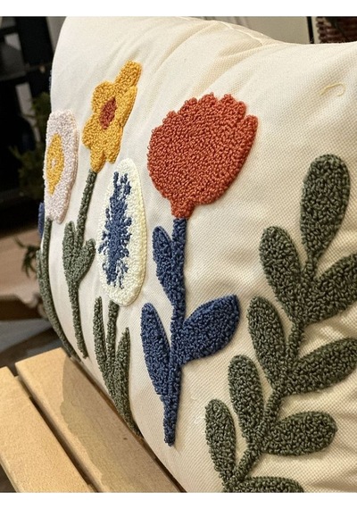 Tekli Punch İşlemeli Çiçekli Flowers Pançlı Nakışlı Dekoratif Kırlent Kılıfı 35x50 Sarı