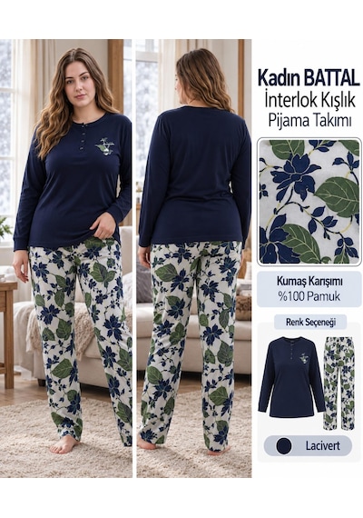 Angelina Kadın Battal Düğmeli Yaka %100 Pamuk İnterlok Kışlık Pijama Takımı 10012 - 1 Adet Lacivert Angelina Kadın Battal Düğmeli Yaka %100 Pamuk İnterlok Kışlık Pijama Takımı 10012 - 1 Adet Lacivert